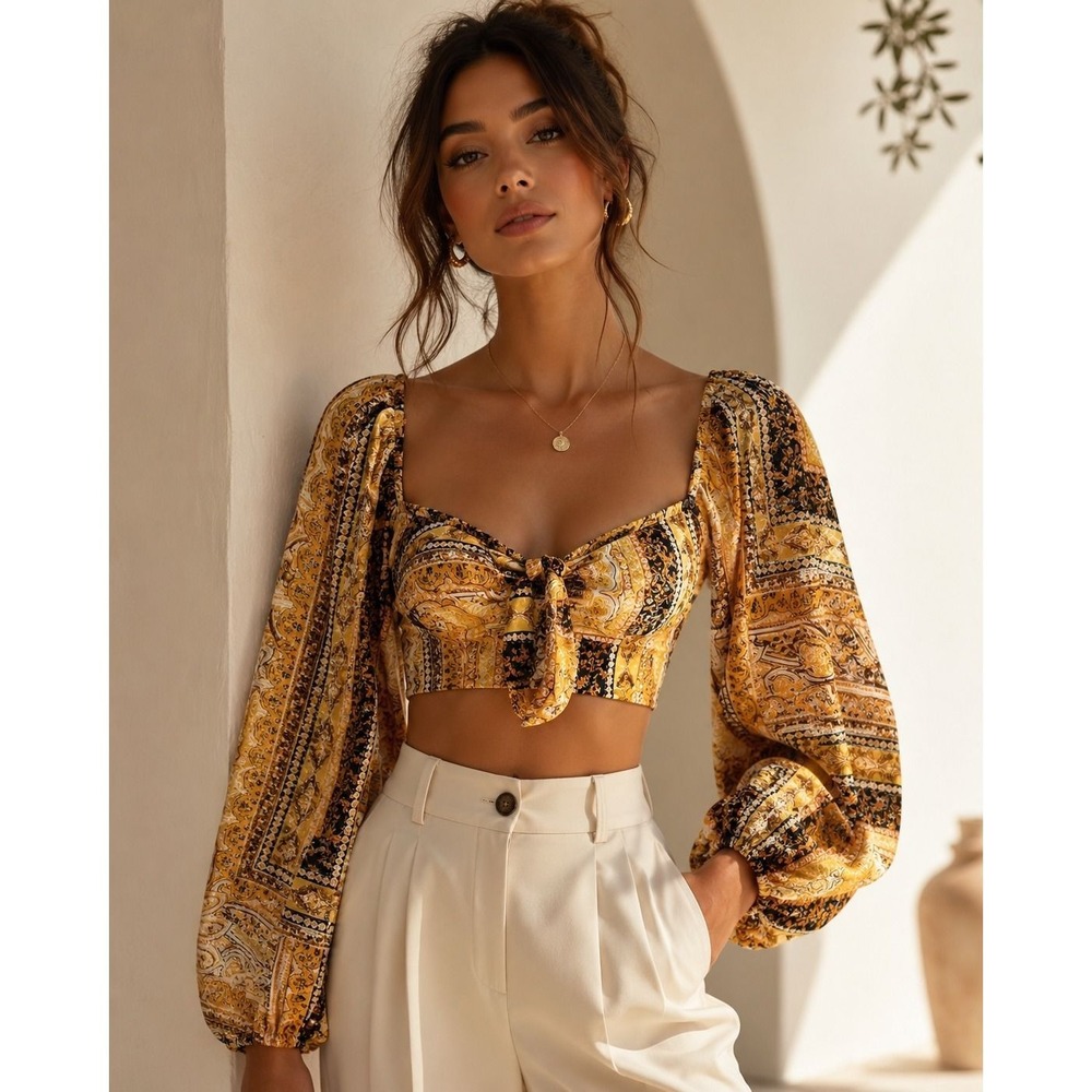 Fashion Nova Mustard Yellow Paisley Print Puff Sleeve Tie Front Crop Top Small